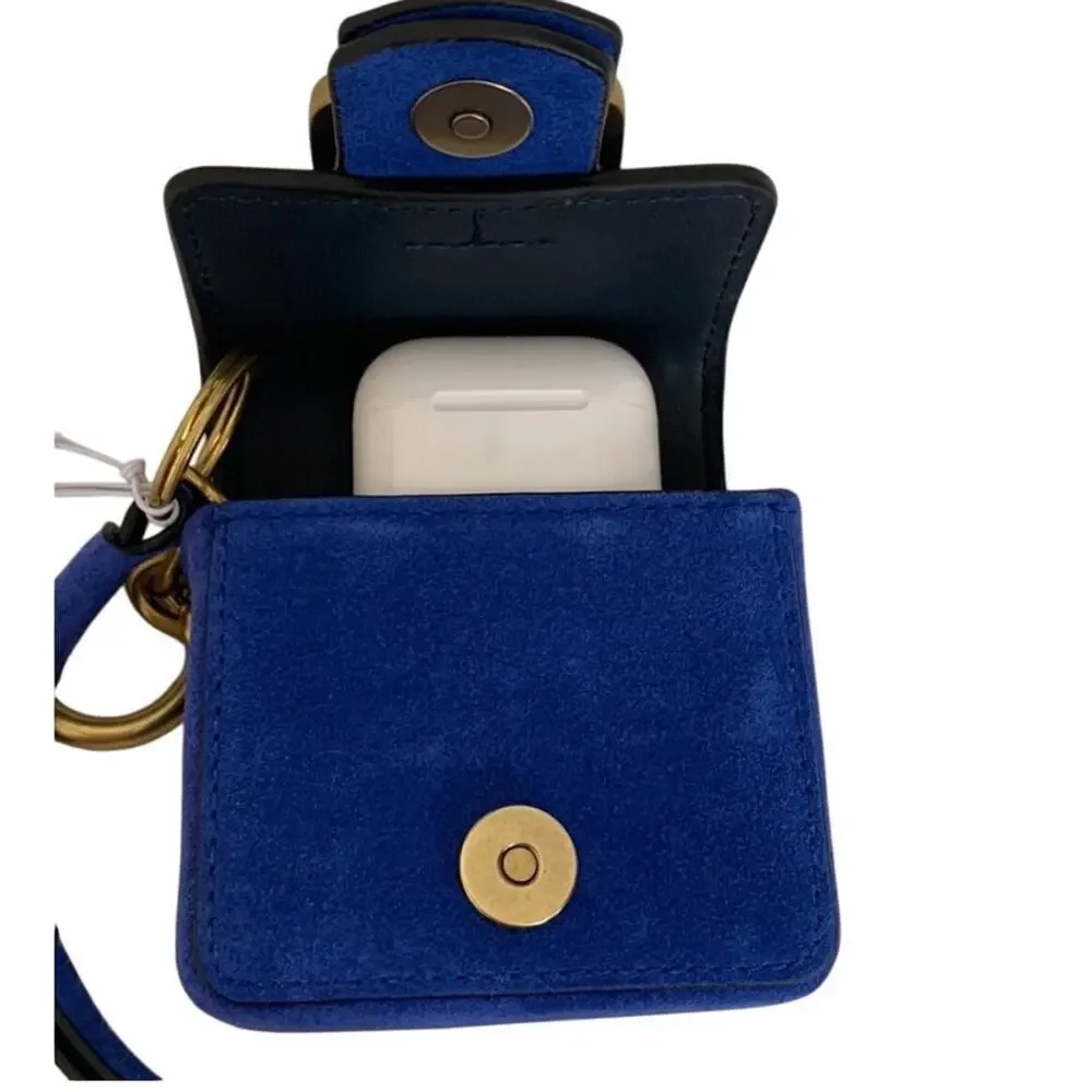 NEW TORY BURCH SAWYER MINI BAG KEY CHAIN WRISTLET BLUE DAHLIA CHARM‎ AIRBUD FOB